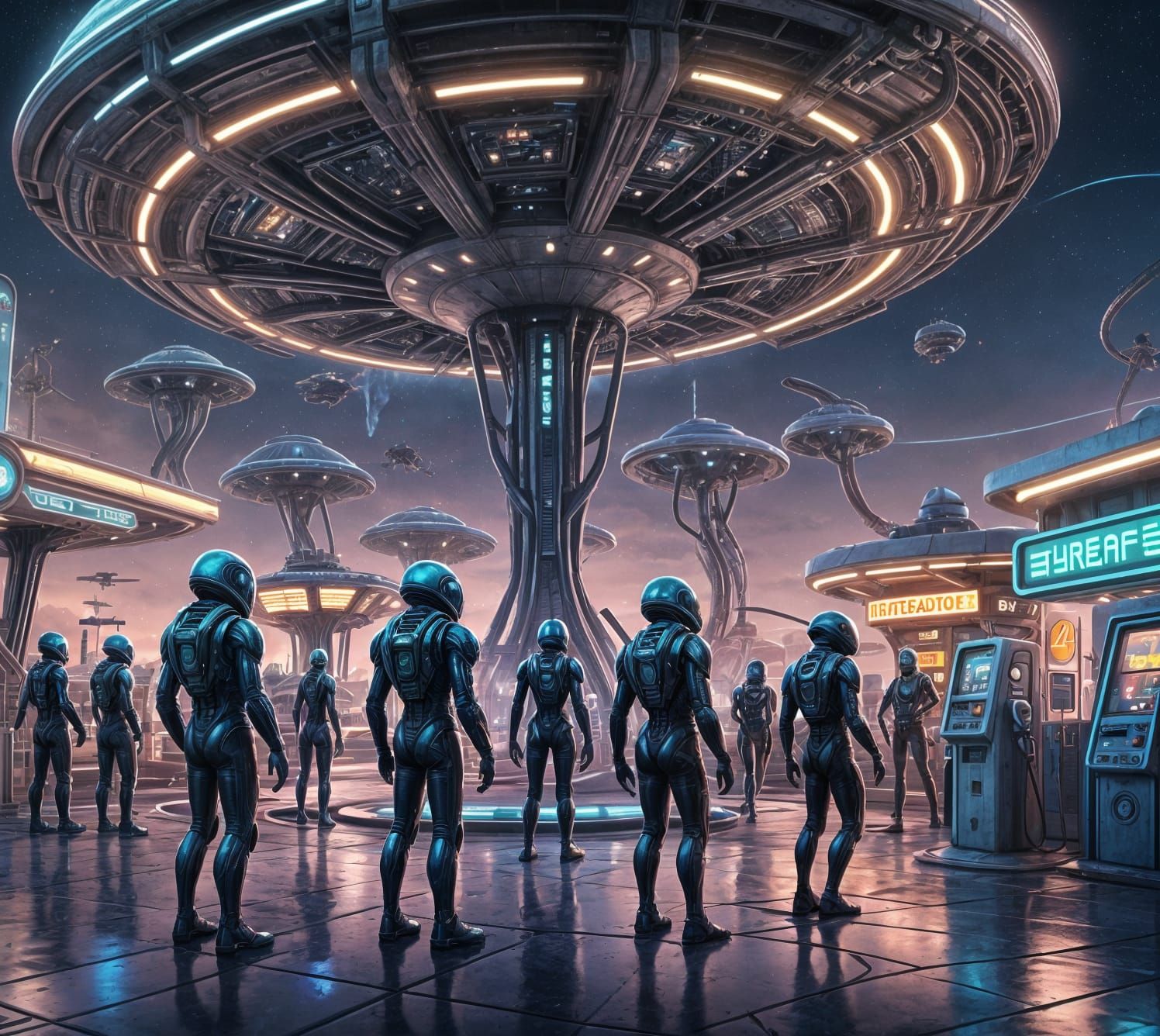 Alien Gas Station with Spaceships and Aliens