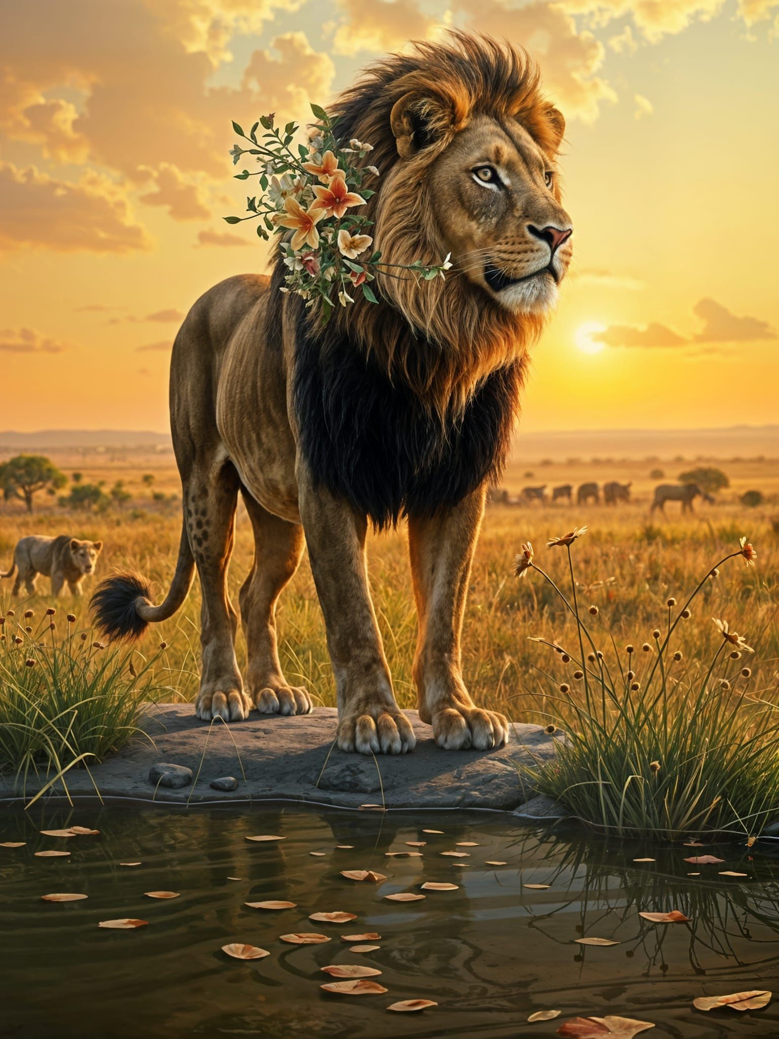 Lion with Wildflower Mane on African Savannah