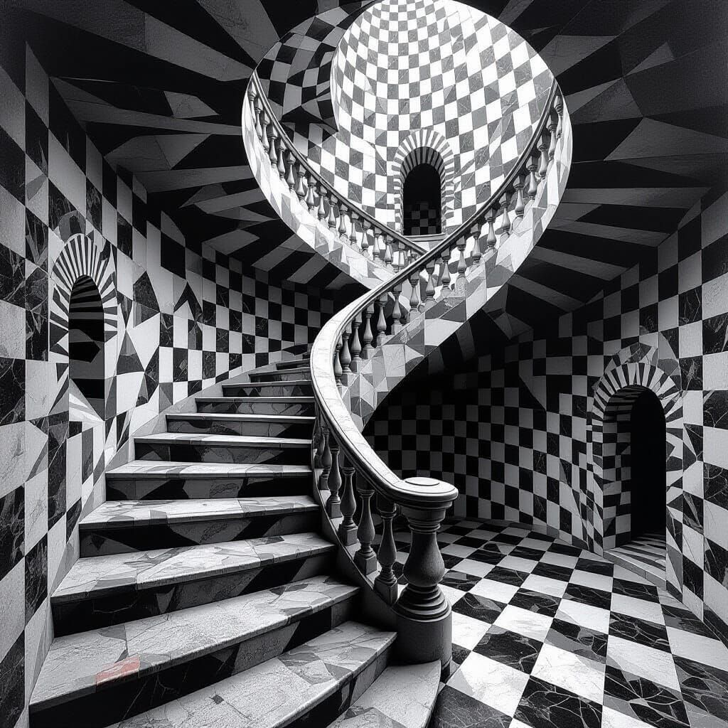 Surreal Staircase with Impossible Geometry in Grayscale