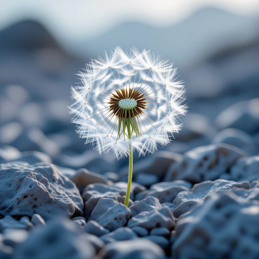 Glass Dandelion Sculpture Over Rocky Landscape