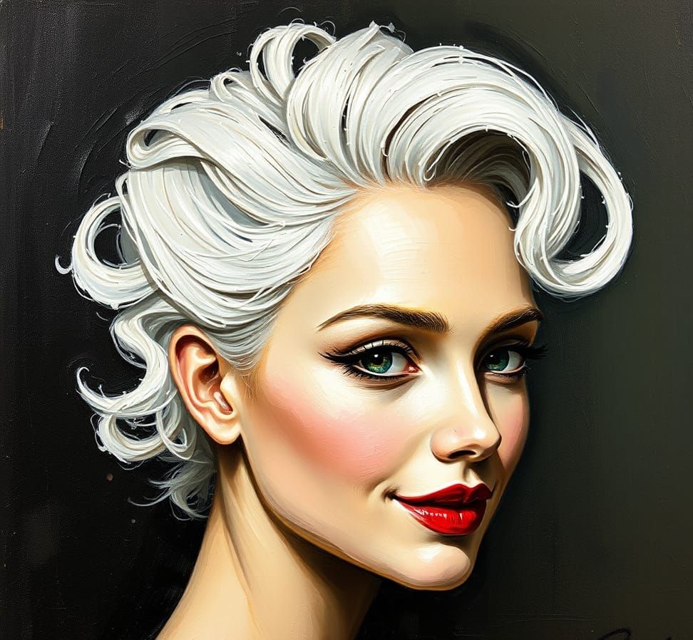 Impasto Portrait with White Hair and Smile