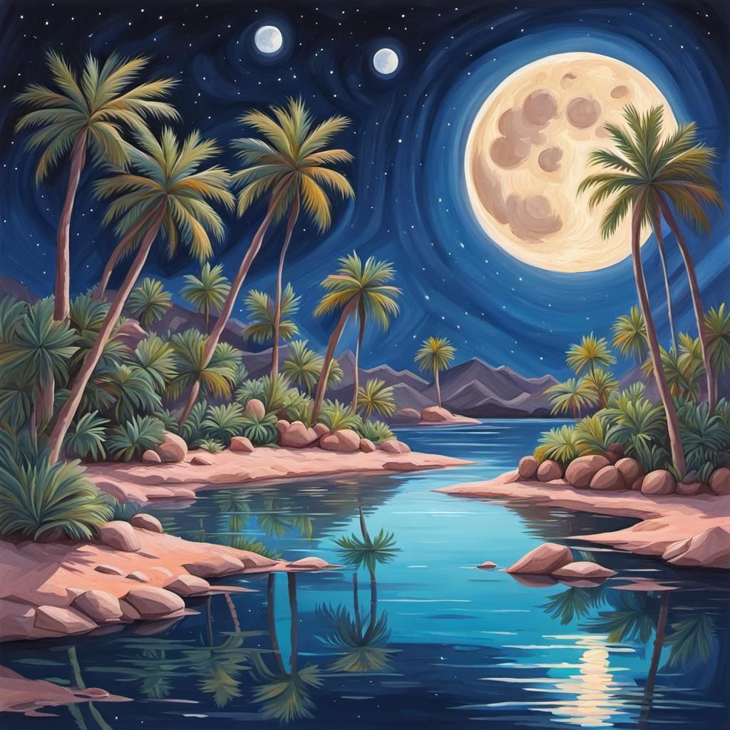 Glowing Island Oasis Under Full Moonlit Sky