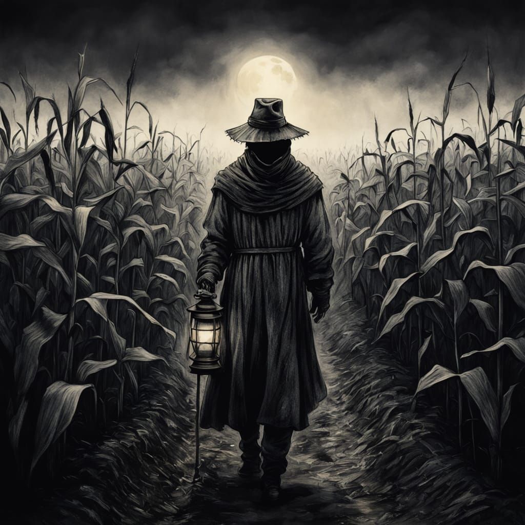 Charcoal Scarecrow with Lantern in Cornfield