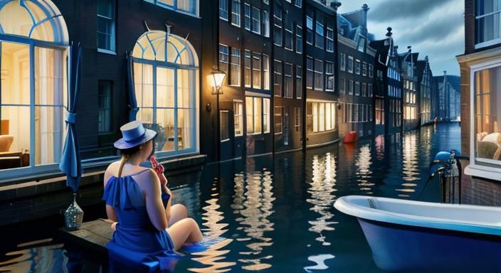 Woman in Moody Bath Scene at Night, Inspired by Hockney and....