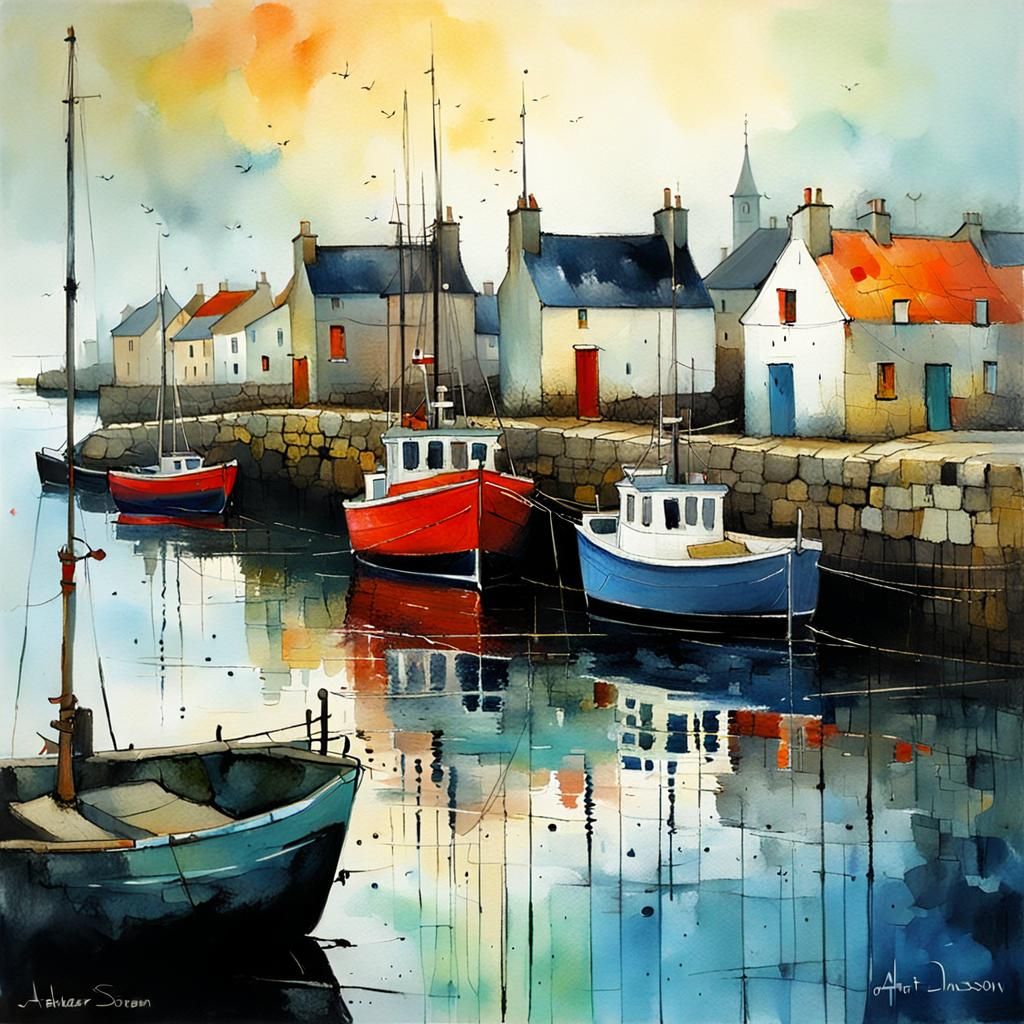 Vibrant Breton Fishing Village at Dusk