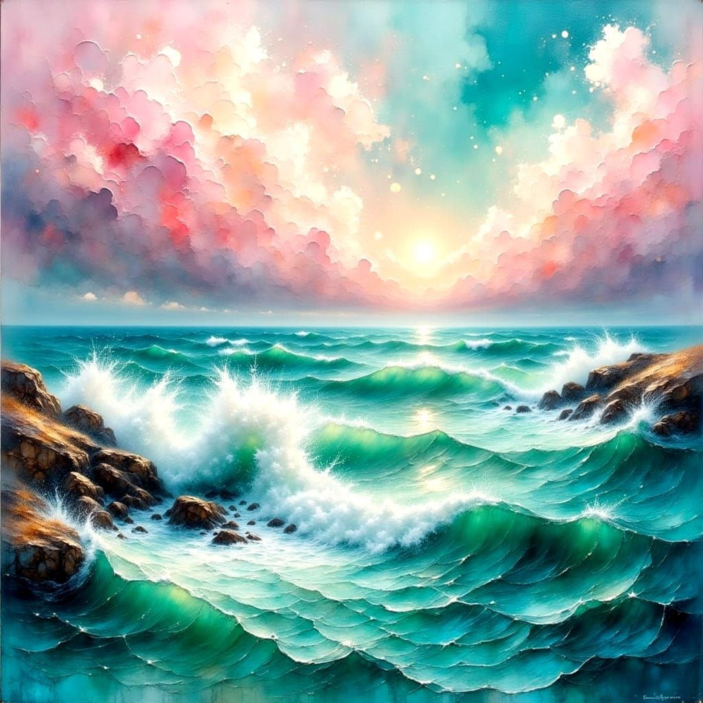 Colorful Ocean Landscape in Impasto Oil Style
