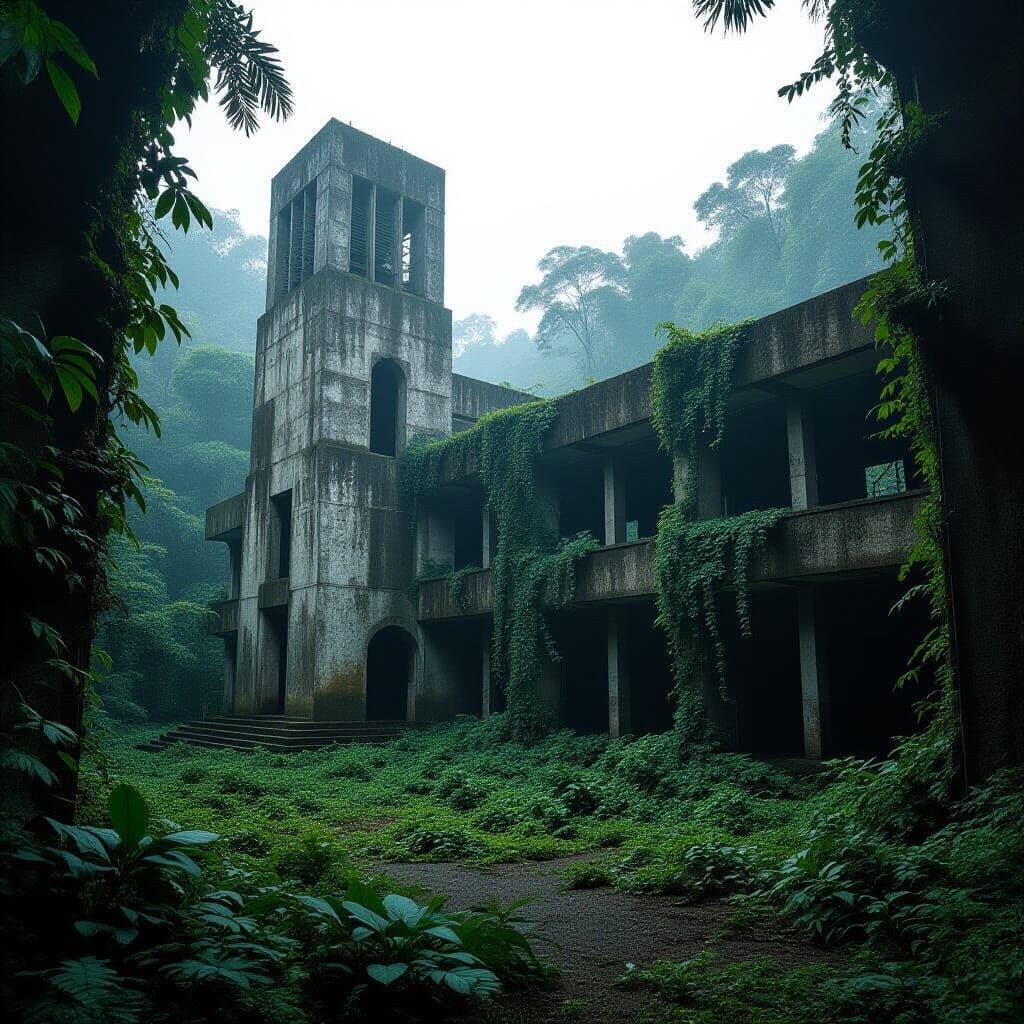 Foreboding Brutalist Church Decaying in Jungle, Vintage Film...