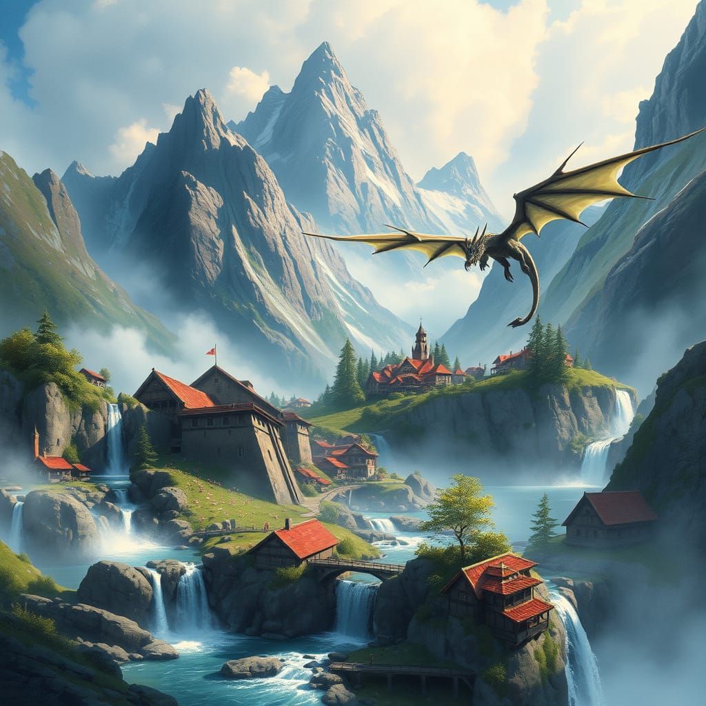 Fantasy Mountain Village with Dragon in Splendid Watercolor