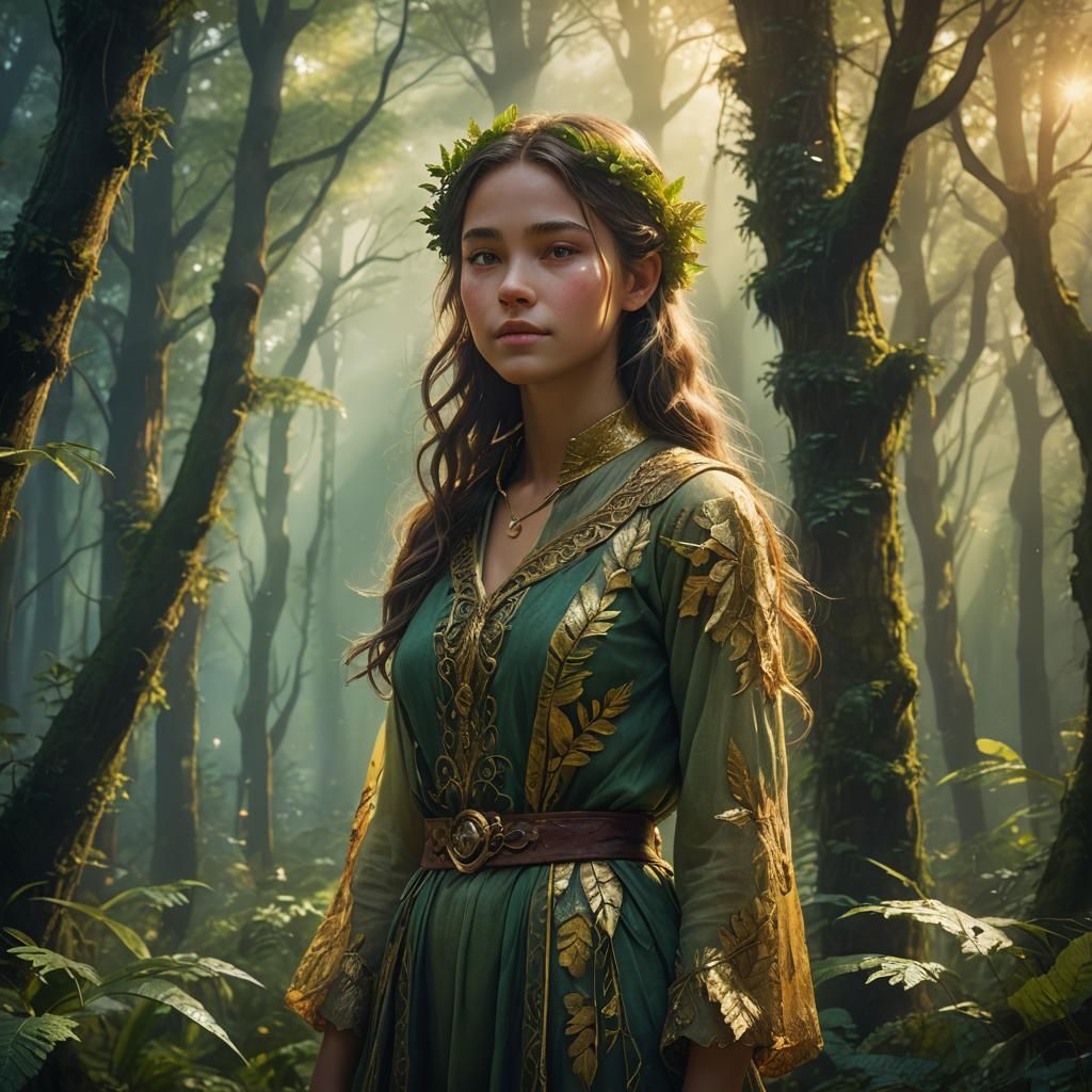 Dreamy Girl in Vibrant Fantasy Forest