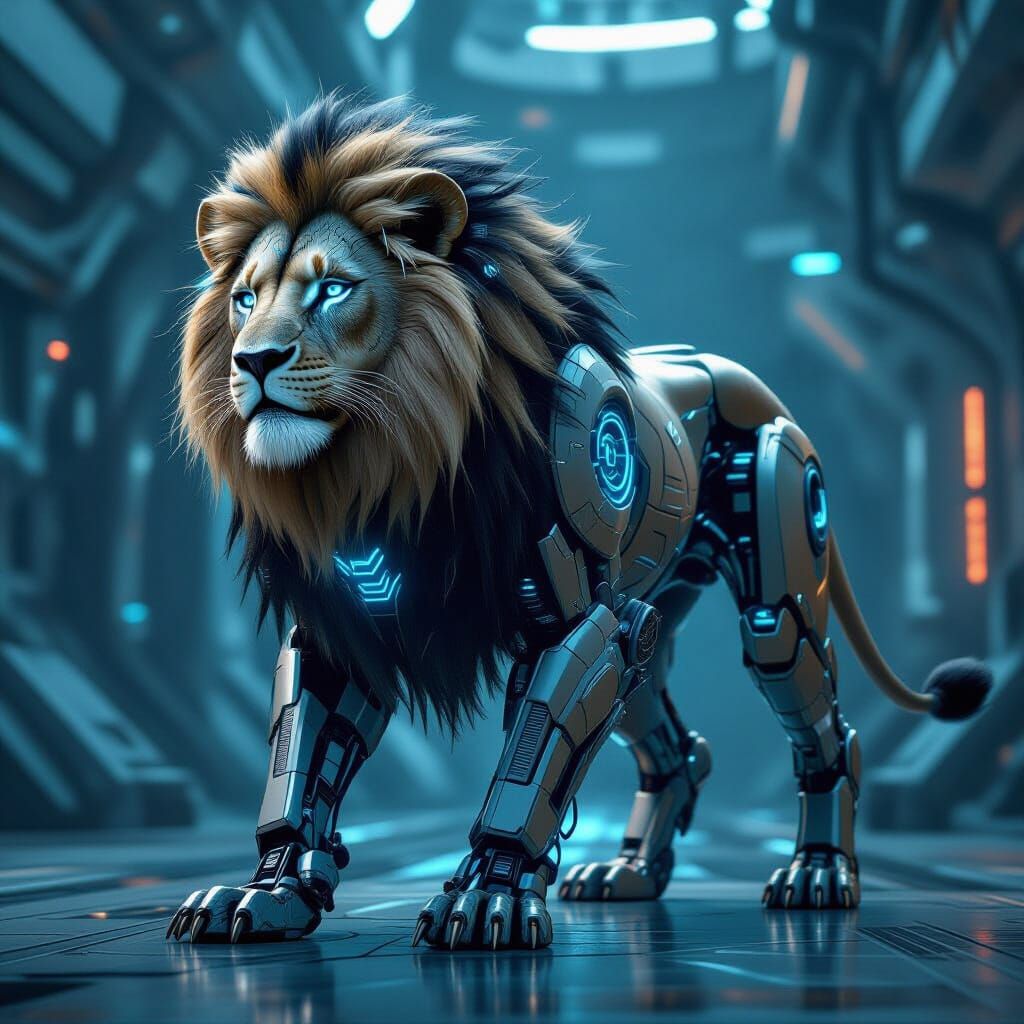 Cybernetic Lion with Spider Mods in Futuristic City