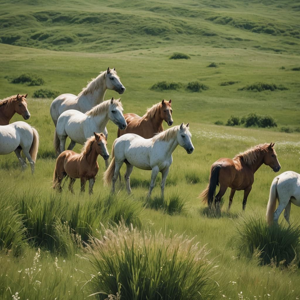 Majestic Horses Graze in Sunlit Meadow