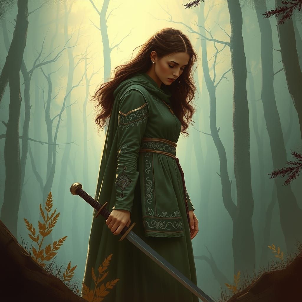 Medieval Woman Bracing for Battle in a Haunted Forest