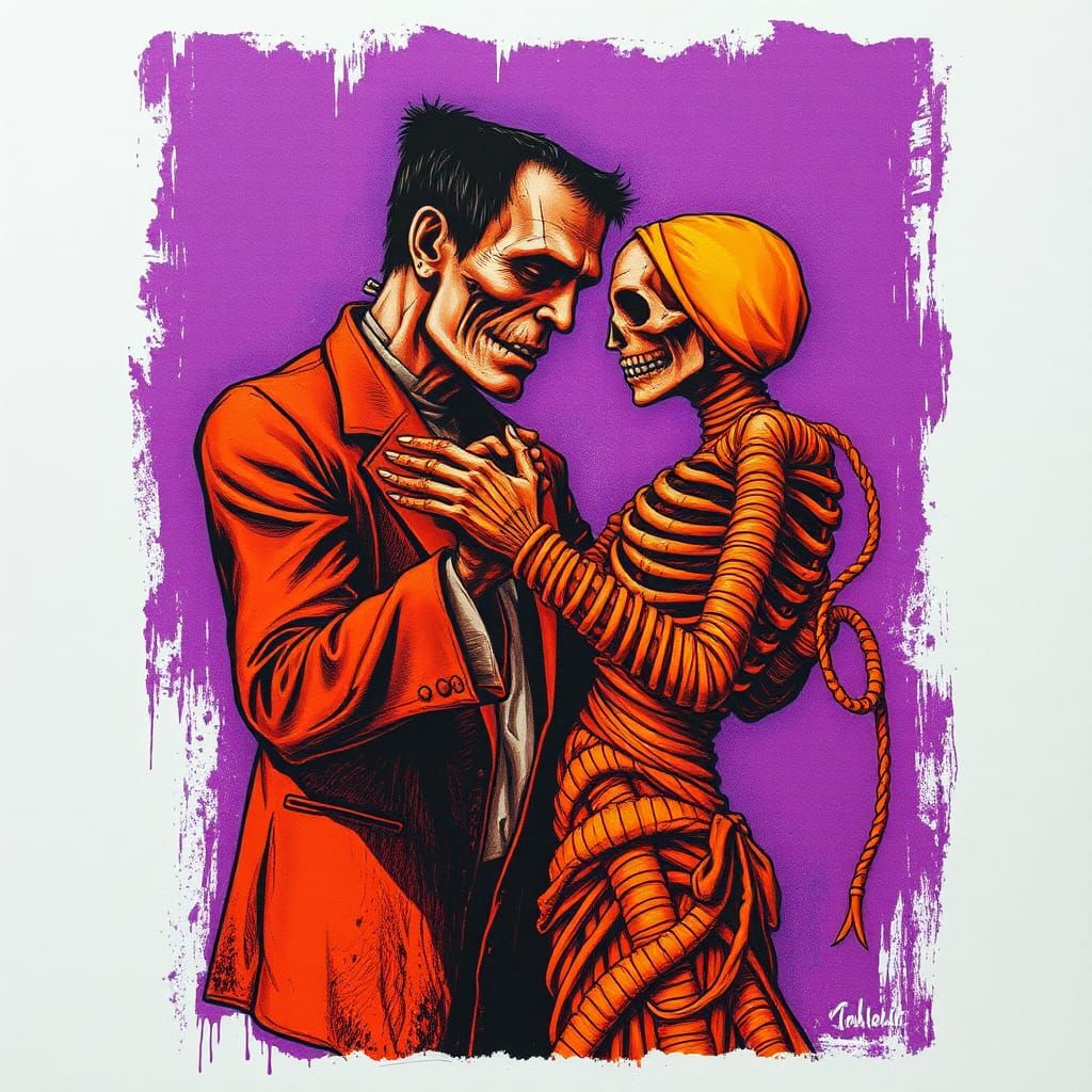 Surreal Blako-Inspired Etching: Frankenstein and Mummy Dance