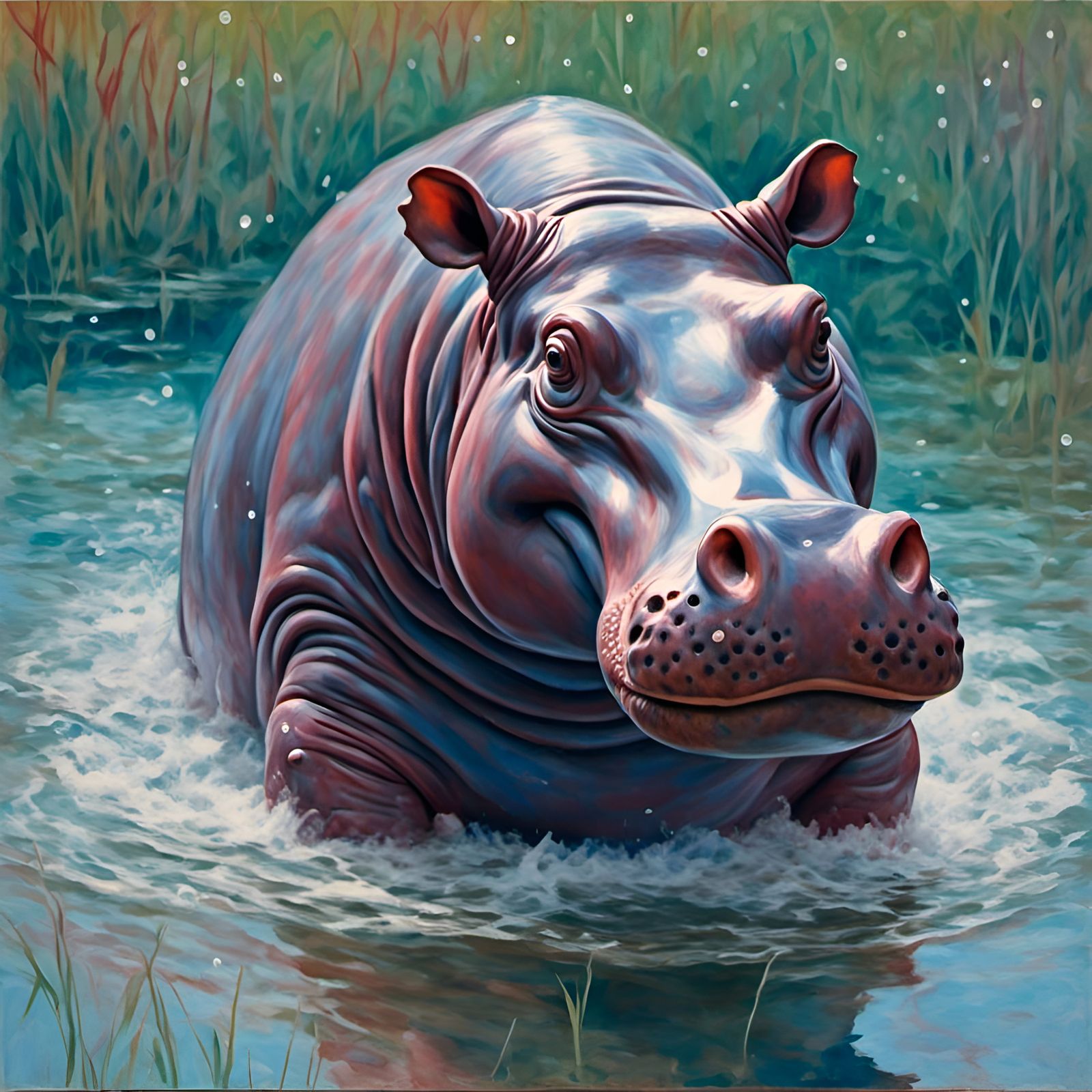 Quaint Hippo Depiction in Crayon Wax Art Style