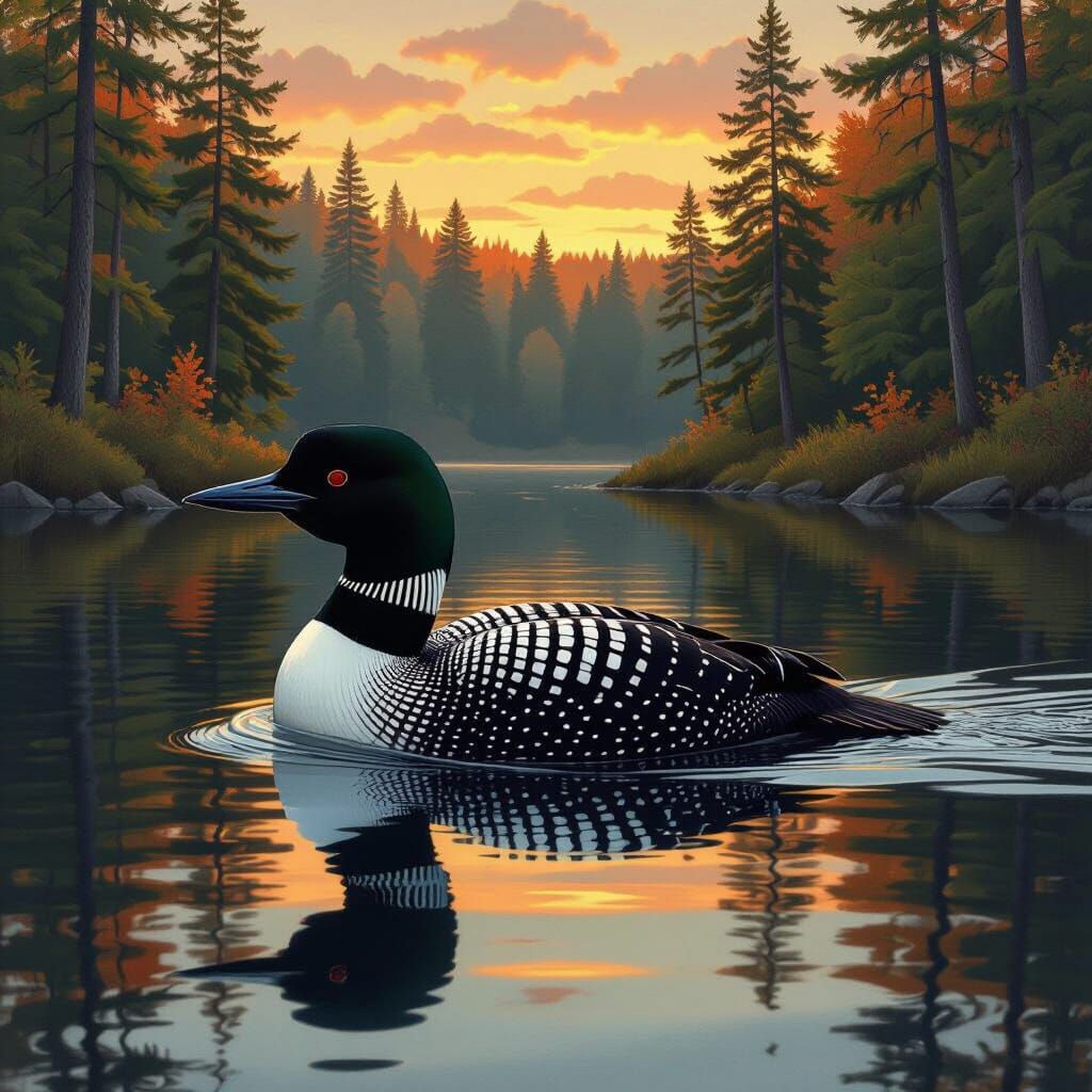 Loon Swimming on Lake in Evening Light