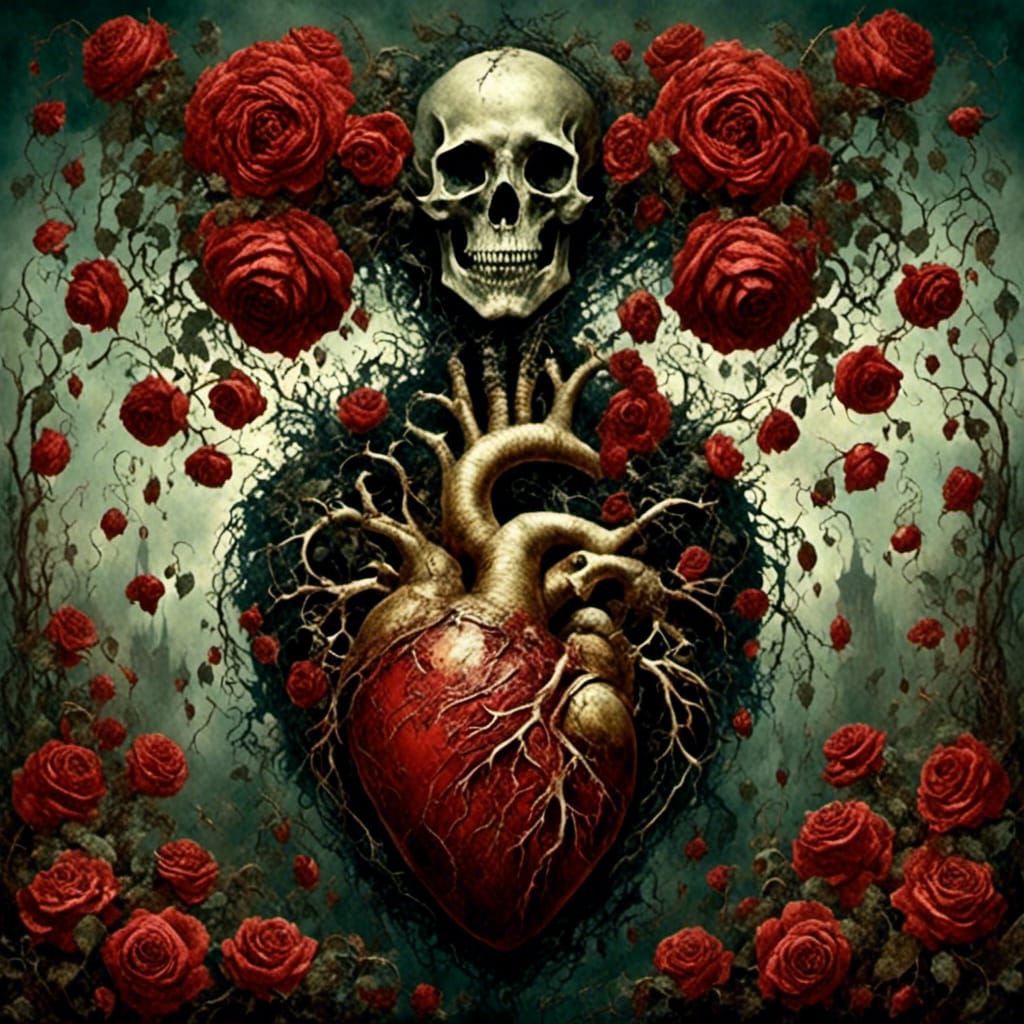 Trve Metal CD Cover: Anatomical Heart Amidst Crimson Roses i...