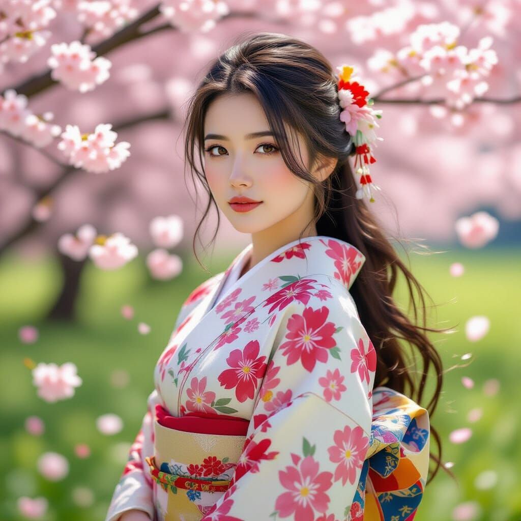 Woman in Kimono Amidst Cherry Blossoms