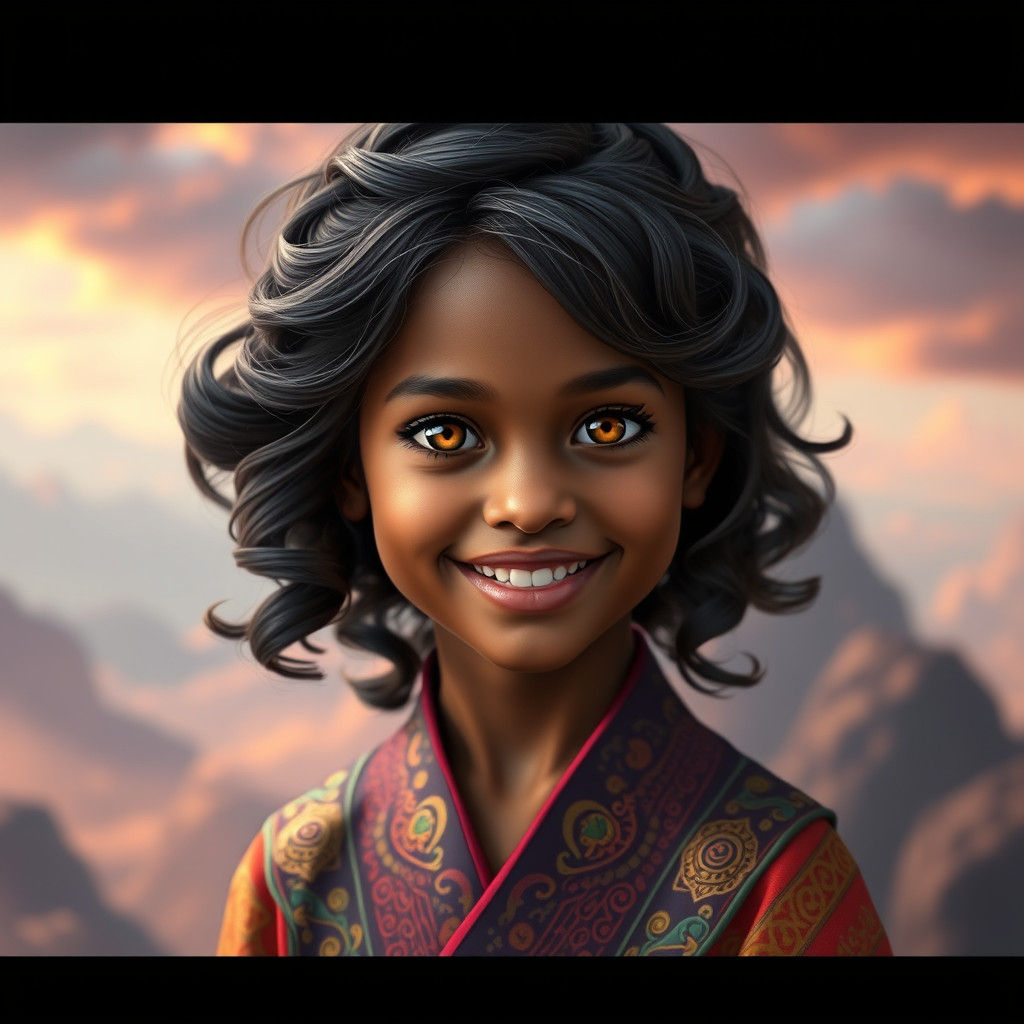 Girl in Vibrant Ornate Outfit Against Fantastical Background