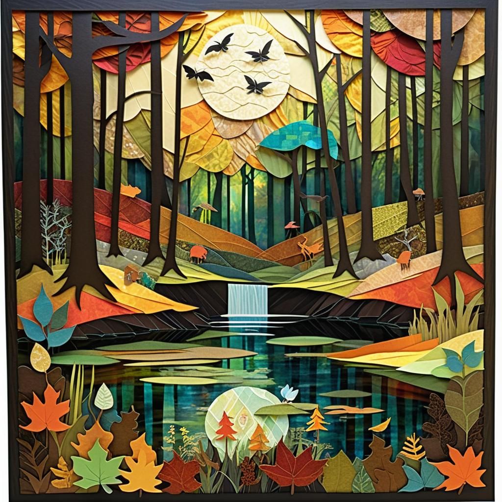 Whimsical Autumnal Forest Paper Collage Art
