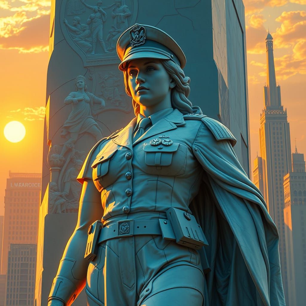 Classical Goddess of Order in Futuristic Metropolis