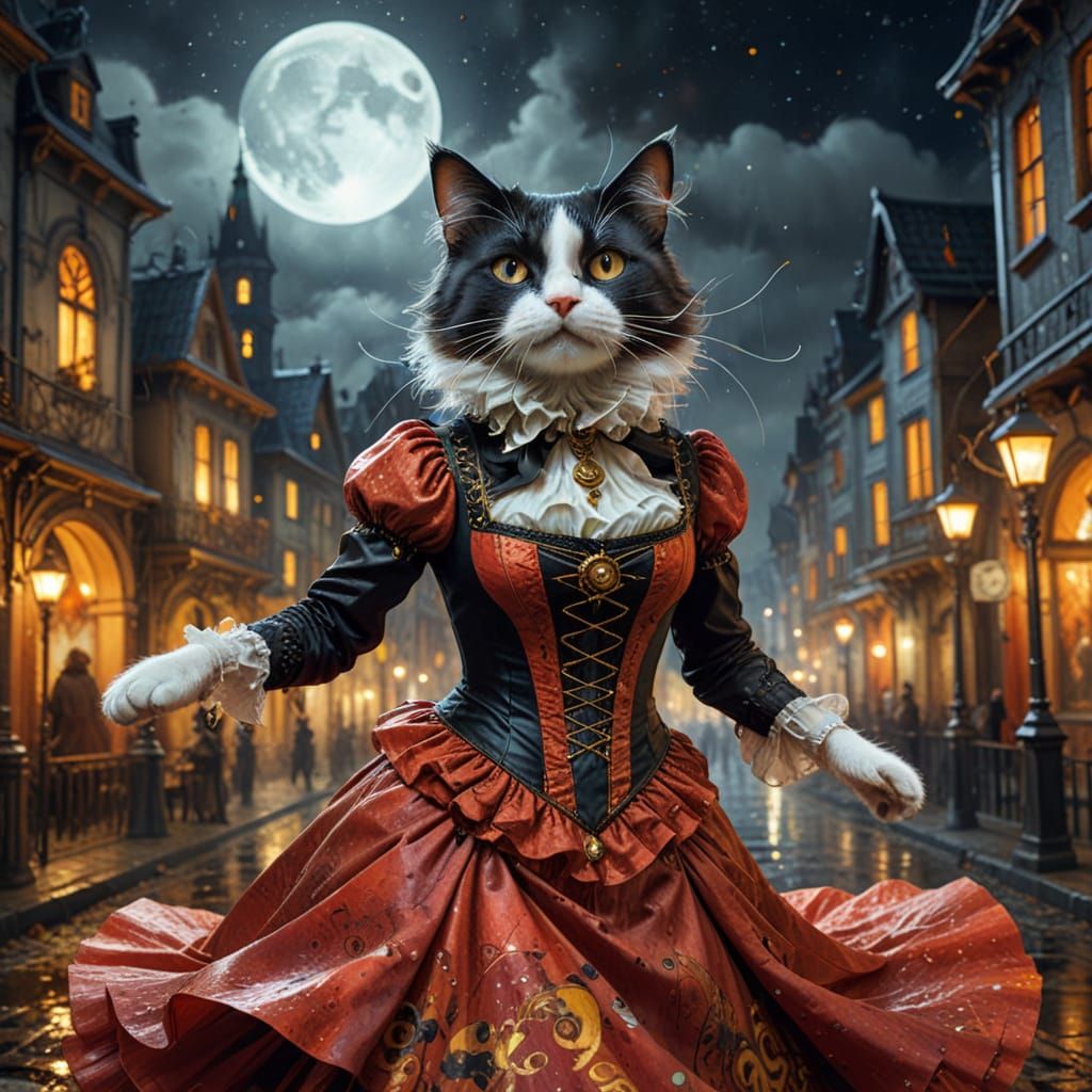 Steampunk Cat in Red Dress Dancing with Klimt Style