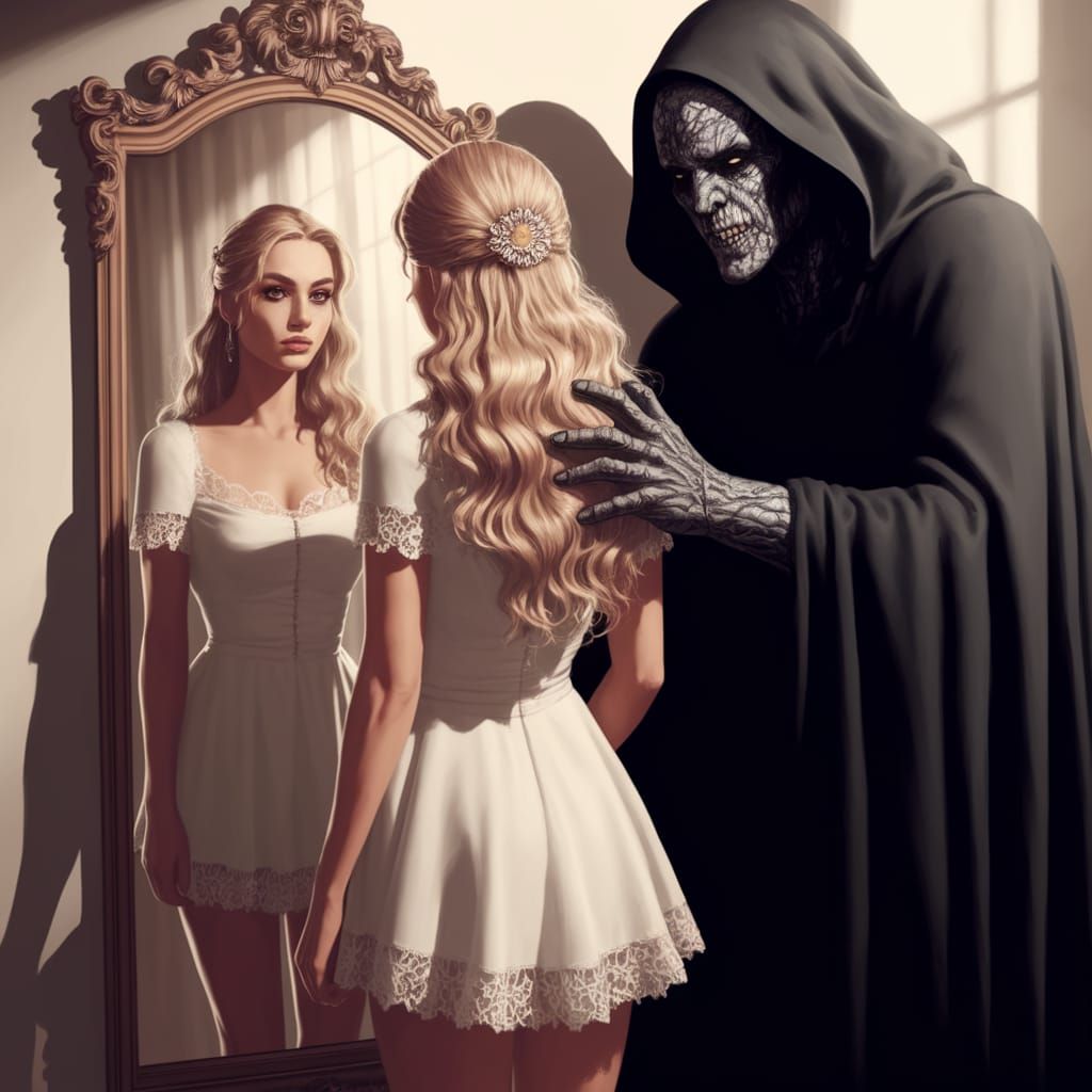 Elegant Blonde Woman in White Dress, Framed by Dark Shadow