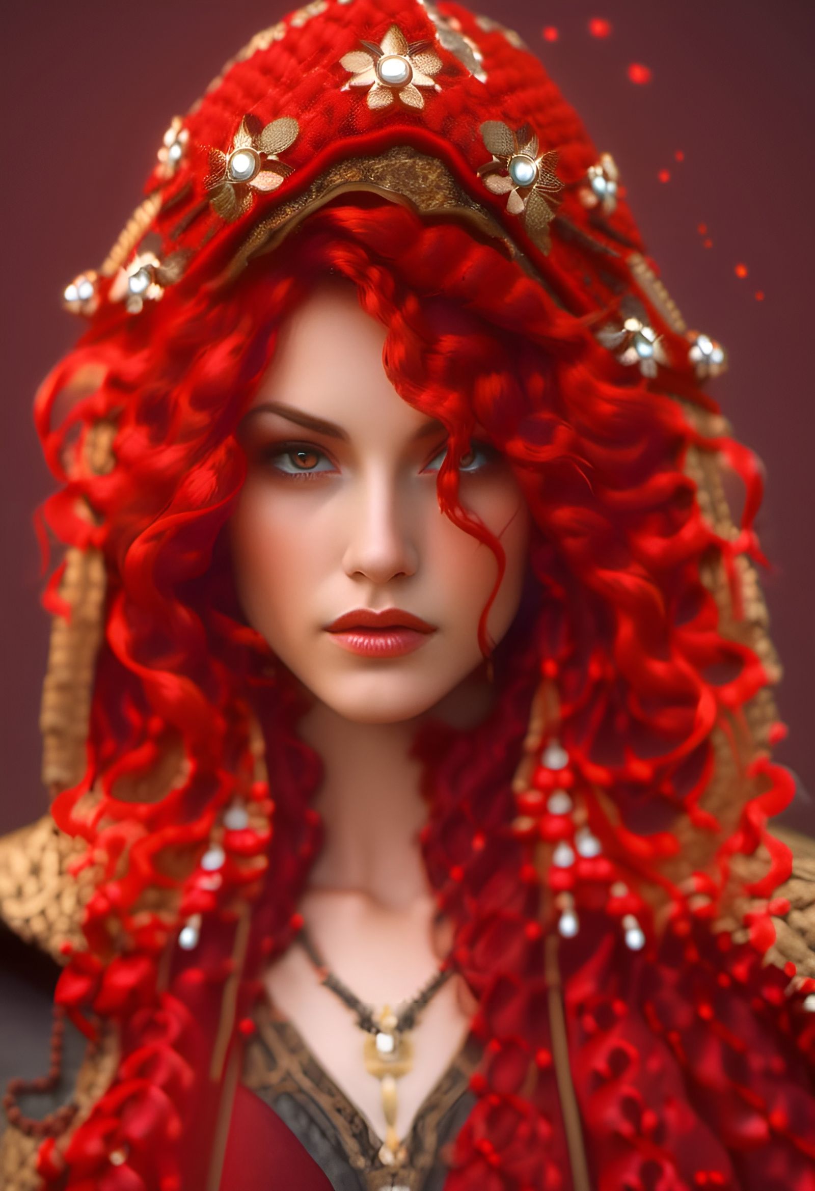 Ominous Goddess in Red Hooded Portrait