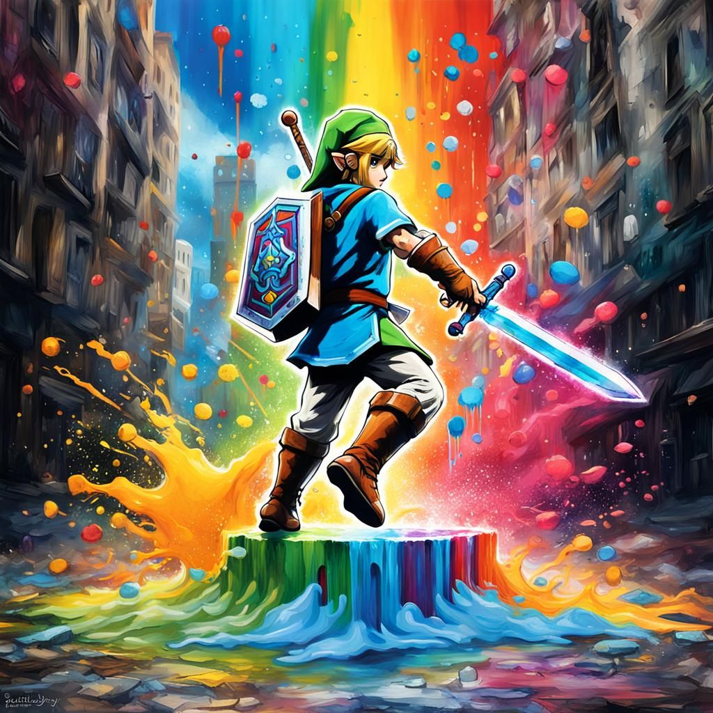 Graffiti God Jumps Rainbow with Master Sword in Vibrant Poly...