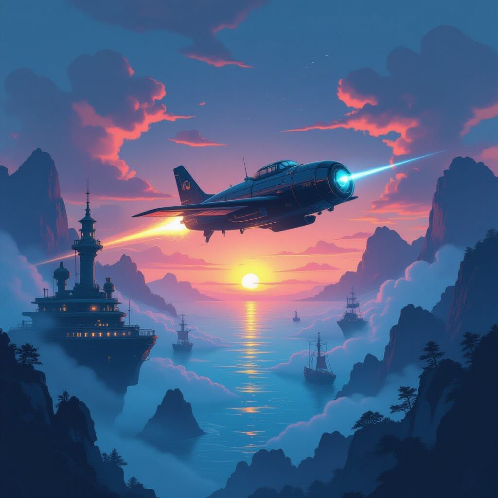 Steampunk Airship Over Atlantis in Mystical Sunset