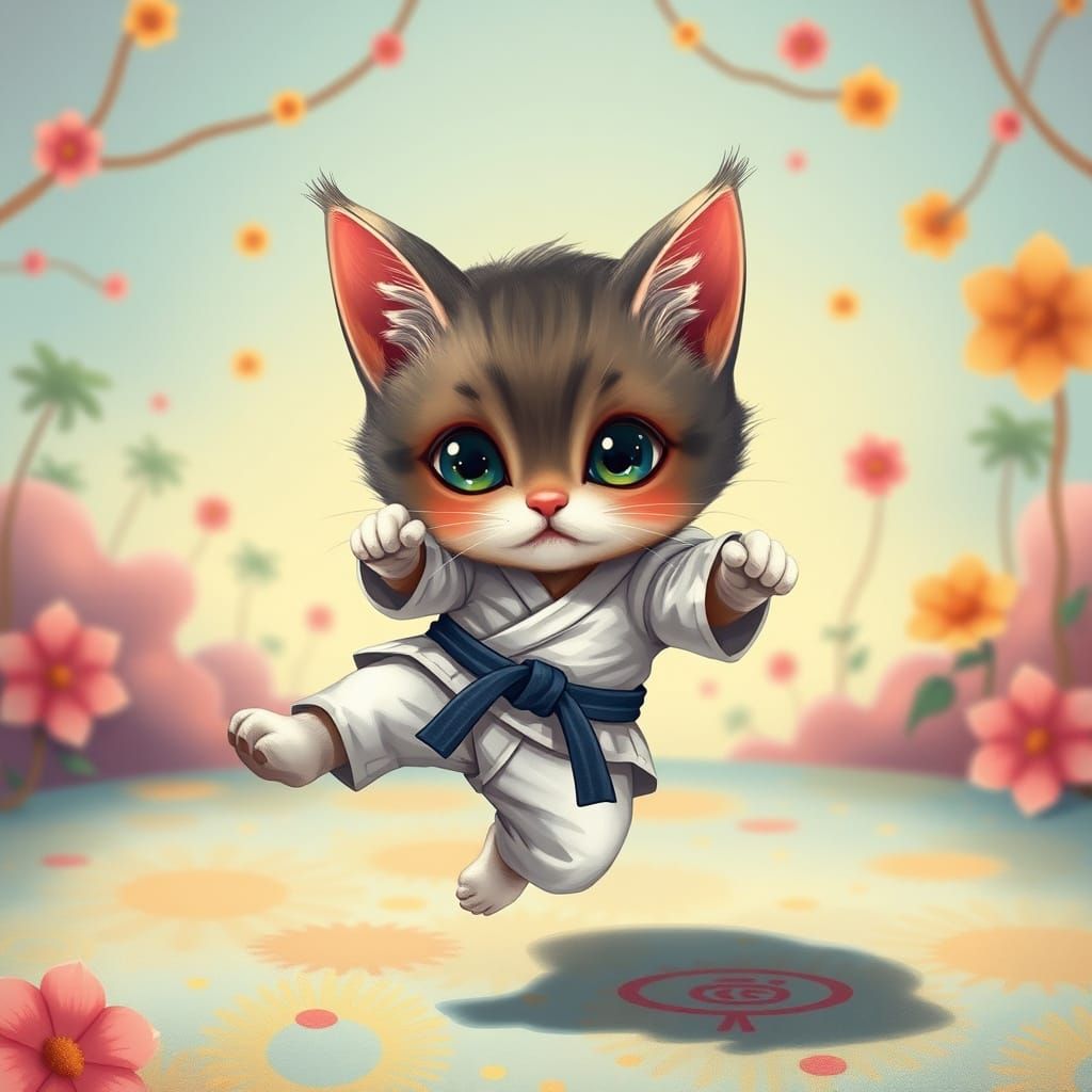 Cute Karate Kitty Kicking in Mid-Air