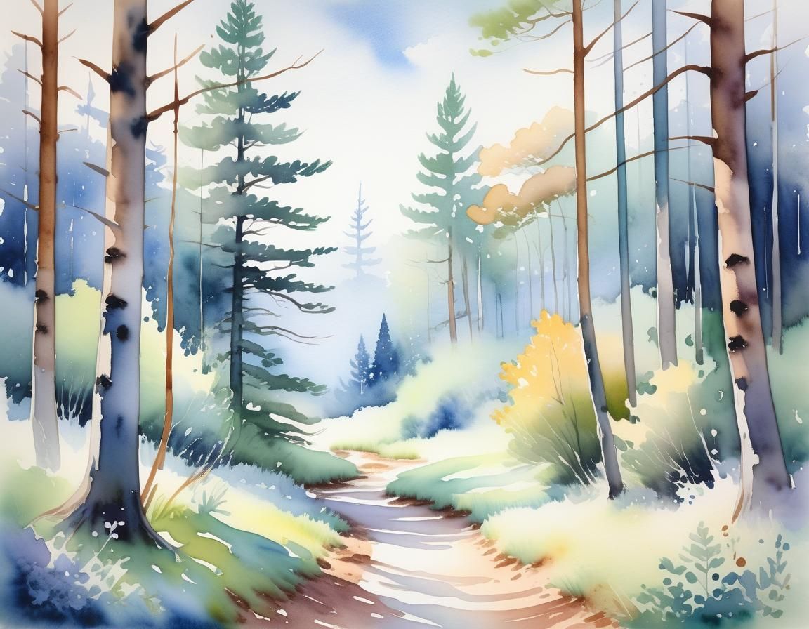 Serene Watercolor Forest Scene