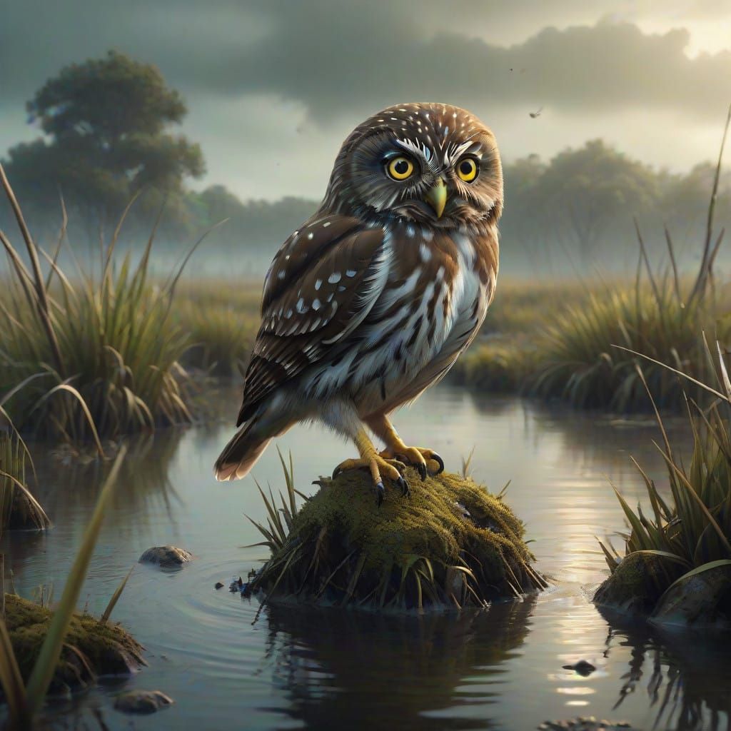 Epic Cinematic Pygmy Owl Hunting Scene in a Majestic Marshy....