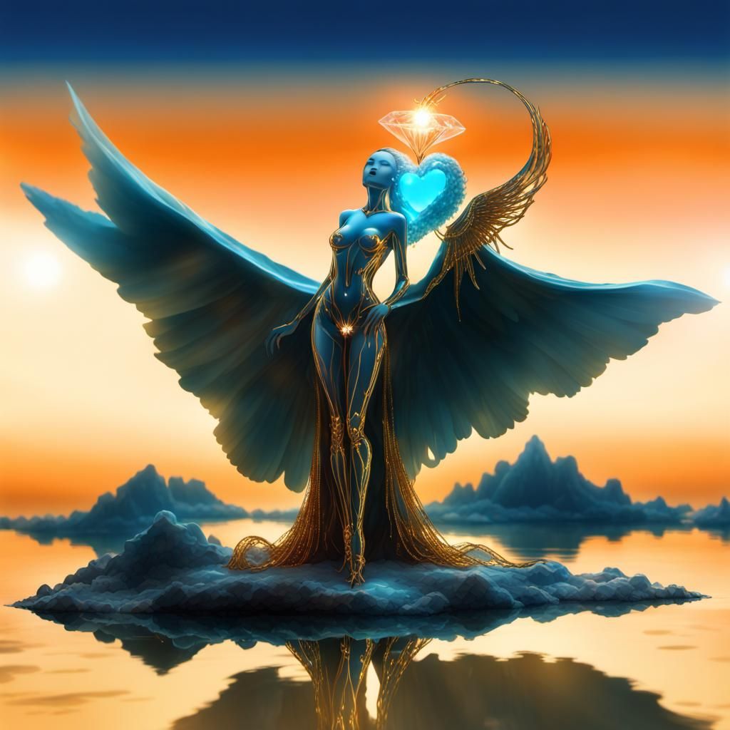 Android Angel in Ethereal Ice Palace on the Moon