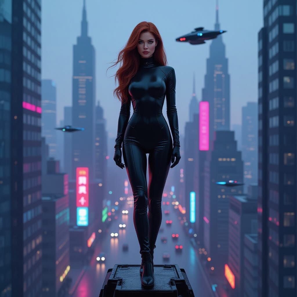 Cyberpunk Woman on Skyscraper in Futuristic City