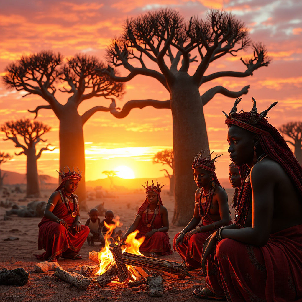 Himba Village at Desert Sunset with Baobab