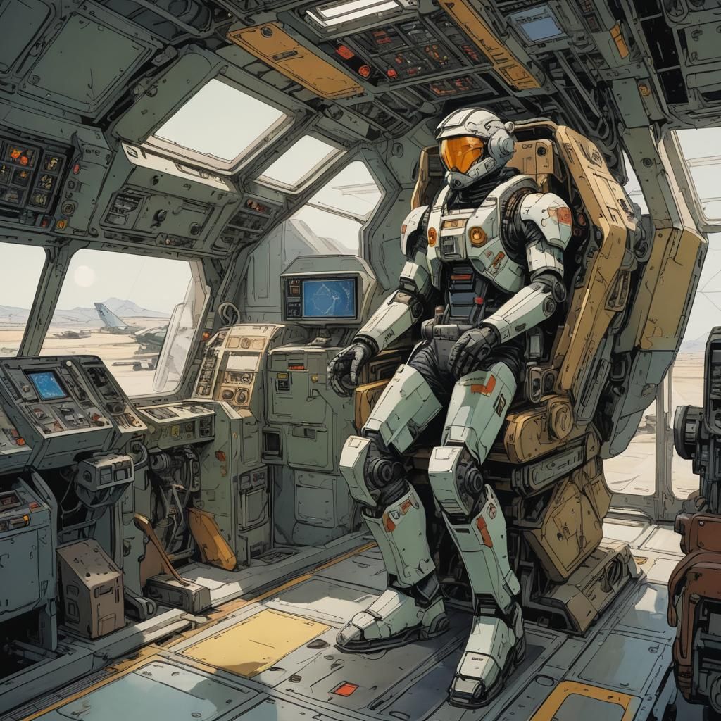 Cyberpunk Pilot in Battletech Mech Hangar