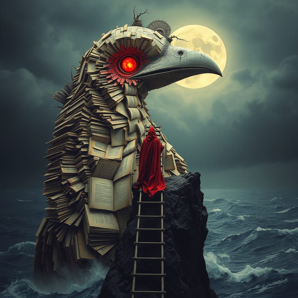 Colossal Book Bird with Red Cloak, in Giger Style