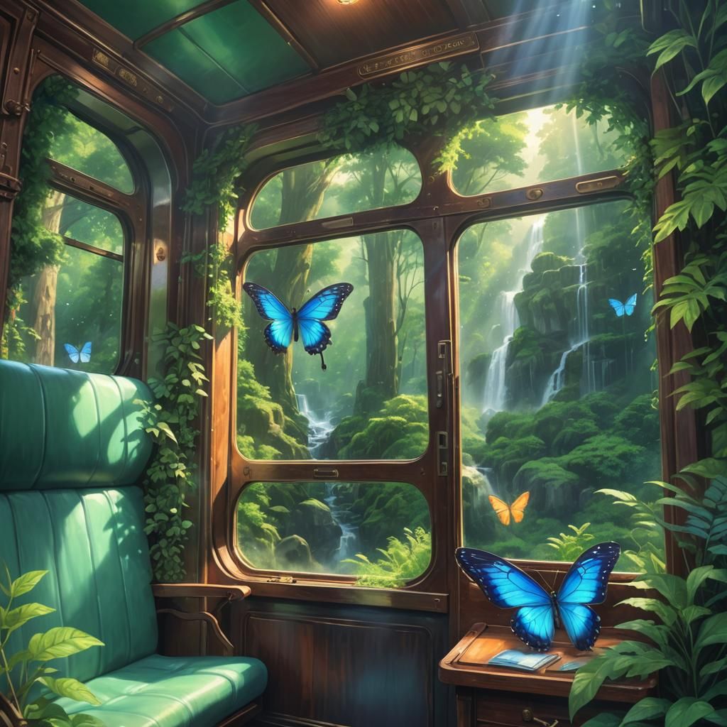 Lush Forest Train Journey in Whimsical Anime Style