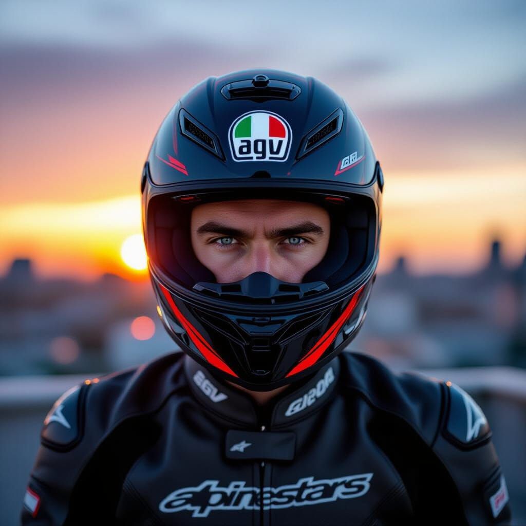 Biker at Sunset in Glossy Black Helmet