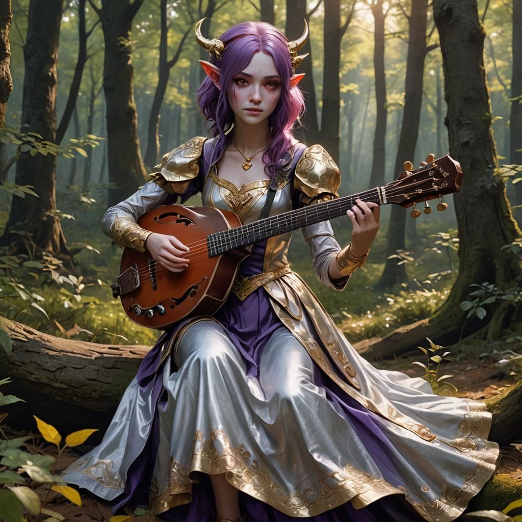 Ethereal Anime Tiefling Bard in a Whimsical Woodland Setting