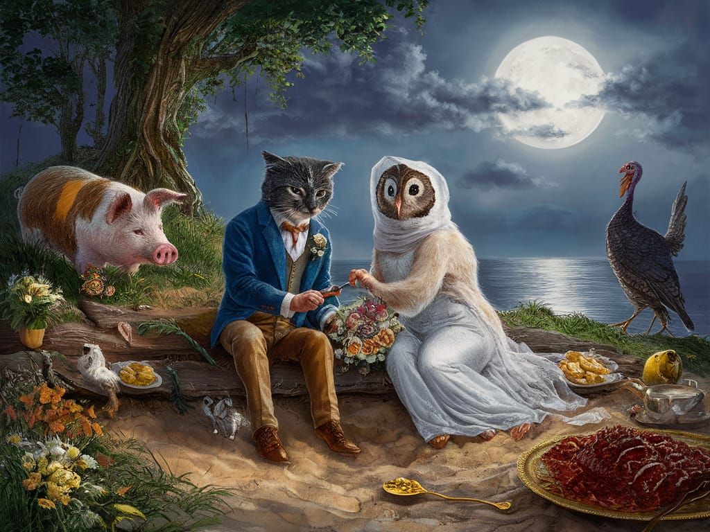 Whimsical Moonlit Scene of Fanciful Creatures and a Runcible...