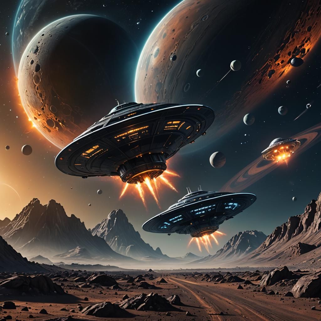 Sleek Alien Spacecraft Descend Upon Moon Base in Hyperrealis...