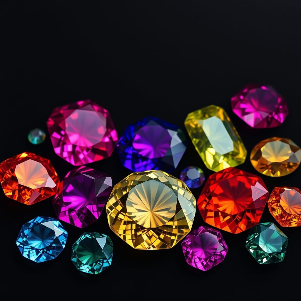 Faceted Gemstones in a Dreamlike, Art Nouveau-Inspired Scene