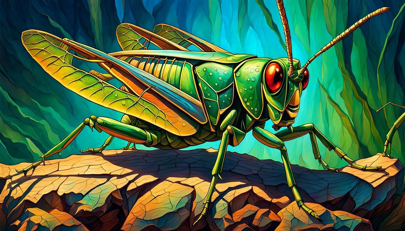 Vibrant Giant Grasshopper Amidst a Cracked Bell's Elegant Ba...