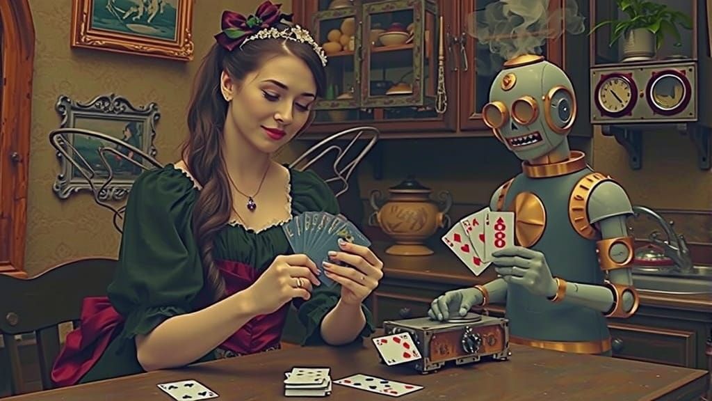 Victorian Fairy Plays Card Game with Robot