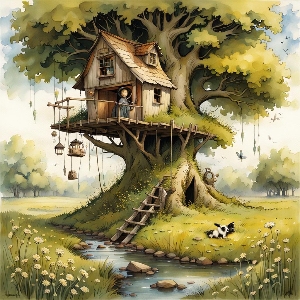 Rustic Treehouse among Wildflowers in a Bucolic Meadow Art