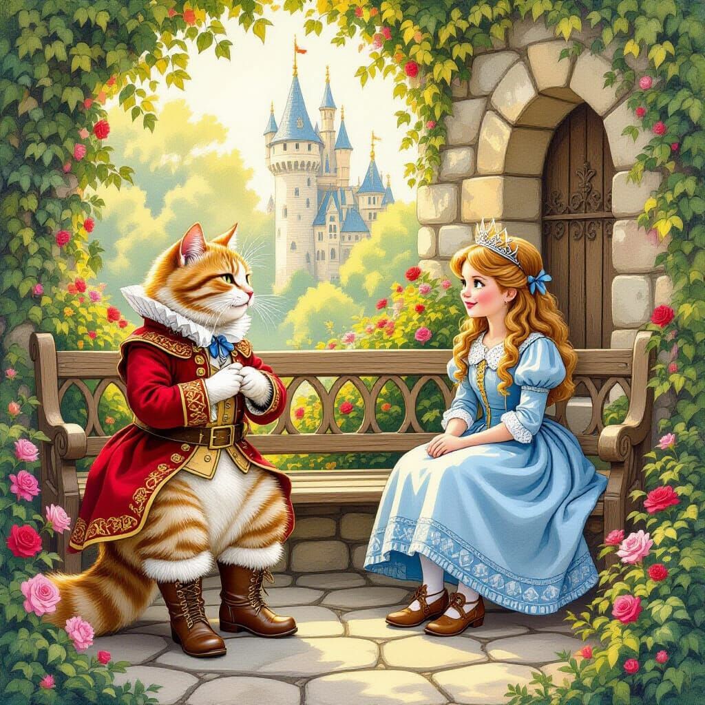 Cat Bows Before Royalty in Sun-Drenched Courtyard