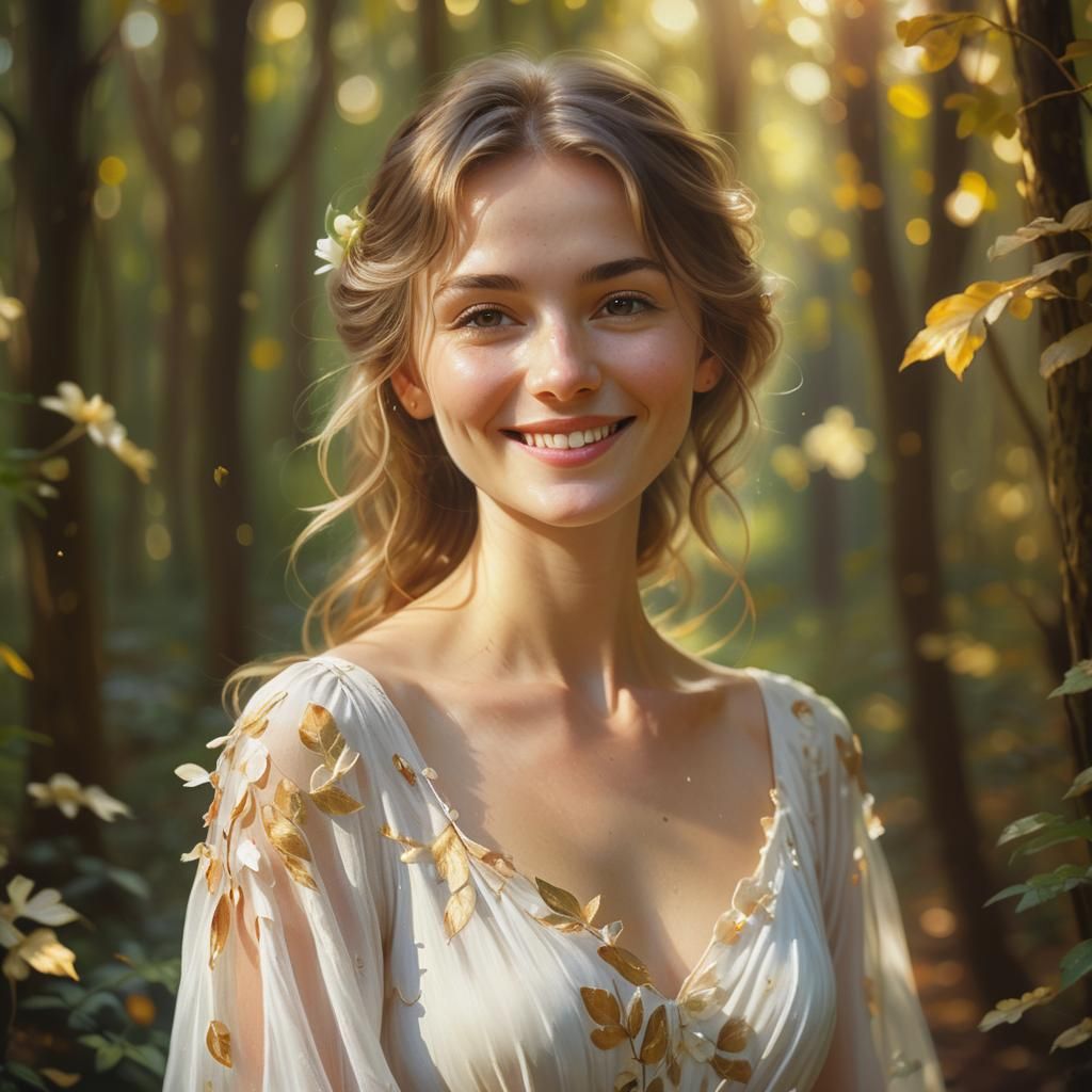 Whimsical Woman in a Lush Forest Landscape