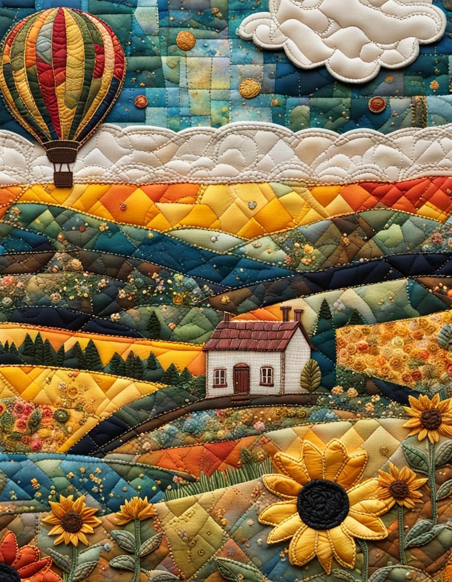 Surreal Quilted Hot Air Balloon Over Sunflowers