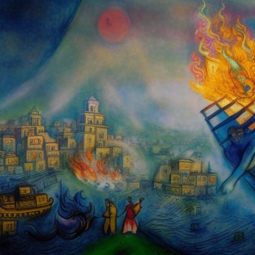 Surreal Cityscape with Aeneas Fleeing in Marvelous Marc Chag...